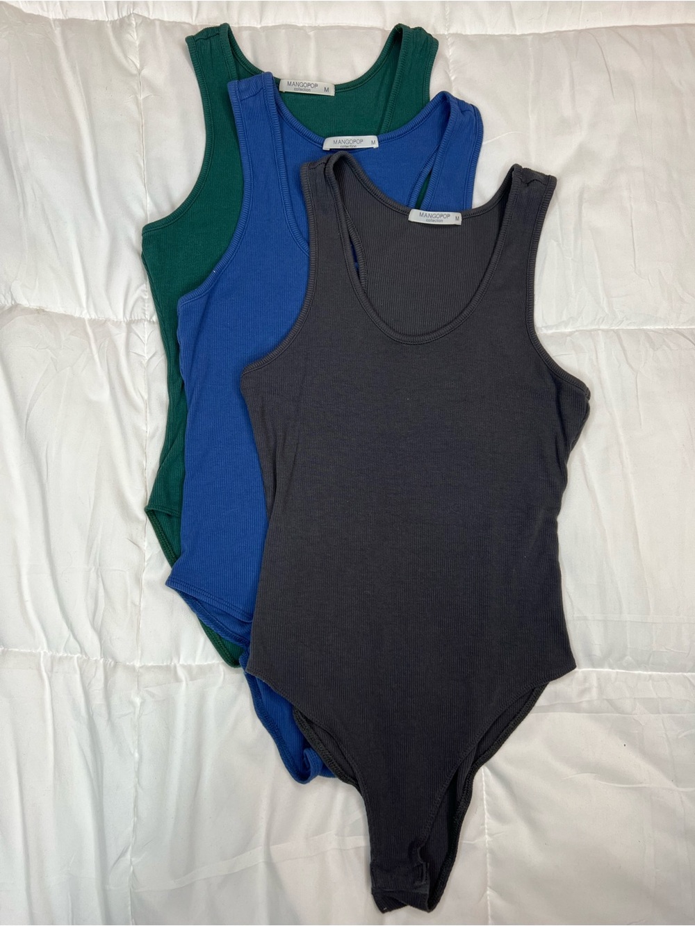 MANGO Ribbed Tank Bodysuit - Black, Blue, Green (3-Pack)